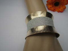Gold Metal Cuff Bracelet Horizontal Silver Shiny Glitter Stripes New Women Fashion Accessories - alwaystyle4you - 3