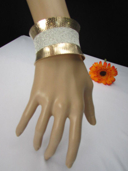 Gold Metal Cuff Bracelet Horizontal Silver Shiny Glitter Stripes New Women Fashion Accessories - alwaystyle4you - 4