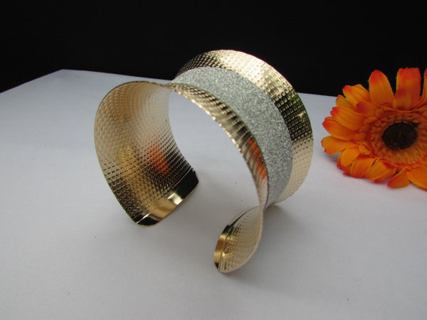 Gold Metal Cuff Bracelet Horizontal Silver Shiny Glitter Stripes New Women Fashion Accessories - alwaystyle4you - 5
