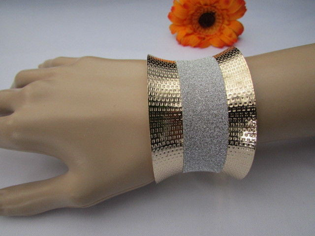 Gold Metal Cuff Bracelet Horizontal Silver Shiny Glitter Stripes Women Fashion Accessories - alwaystyle4you - 1