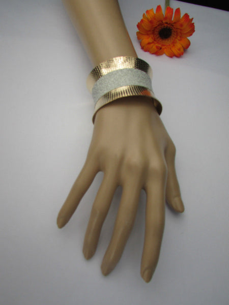 Gold Metal Cuff Bracelet Horizontal Silver Shiny Glitter Stripes New Women Fashion Accessories - alwaystyle4you - 6