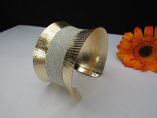 Gold Metal Cuff Bracelet Horizontal Silver Shiny Glitter Stripes New Women Fashion Accessories - alwaystyle4you - 7