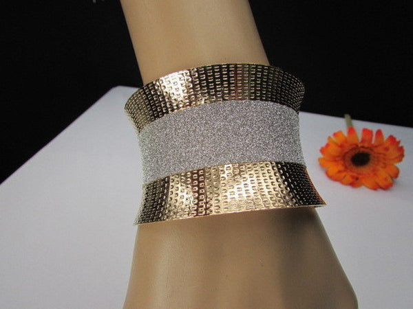 Gold Metal Cuff Bracelet Horizontal Silver Shiny Glitter Stripes New Women Fashion Accessories - alwaystyle4you - 2