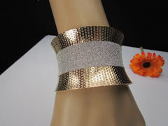 Gold Metal Cuff Bracelet Horizontal Silver Shiny Glitter Stripes New Women Fashion Accessories - alwaystyle4you - 2