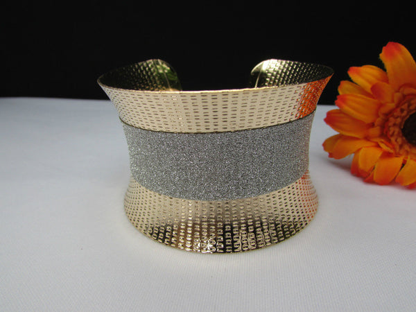 Gold Metal Cuff Bracelet Horizontal Silver Shiny Glitter Stripes New Women Fashion Accessories - alwaystyle4you - 8