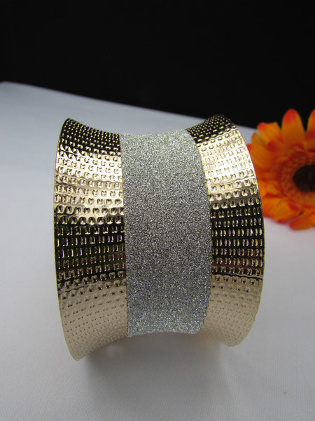 Gold Metal Cuff Bracelet Horizontal Silver Shiny Glitter Stripes New Women Fashion Accessories