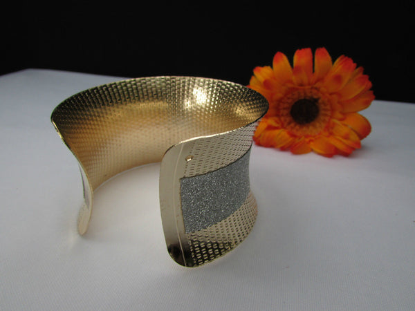 Gold Metal Cuff Bracelet Horizontal Silver Shiny Glitter Stripes New Women Fashion Accessories - alwaystyle4you - 10