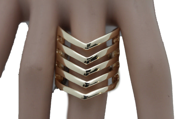 Gold Metal Elastic Band Ring Stripes Chevron Stylish Sexy New Women Fashion Jewelry Accessories