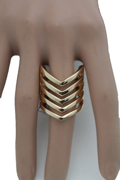 Gold Metal Elastic Band Ring Stripes Chevron Stylish Sexy New Women Fashion Jewelry Accessories