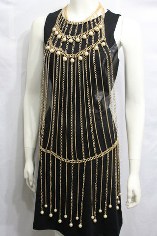Gold Metal Full Body Chains Multi Imitation Pearl Beads Harness Dress Extra Long Necklace Accessories