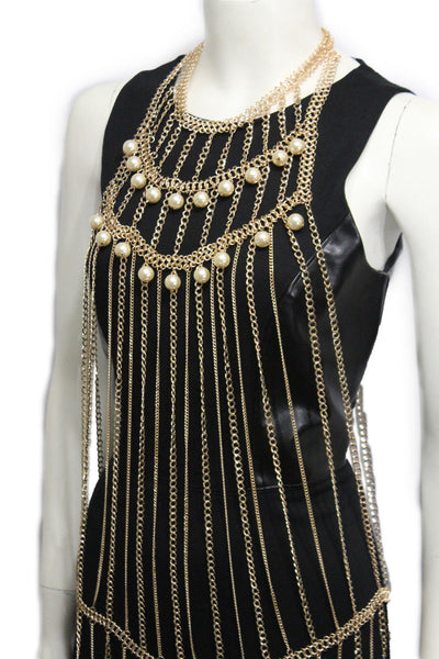 Gold Metal Full Body Chains Multi Imitation Pearl Beads Harness Dress Extra Long Necklace Accessories