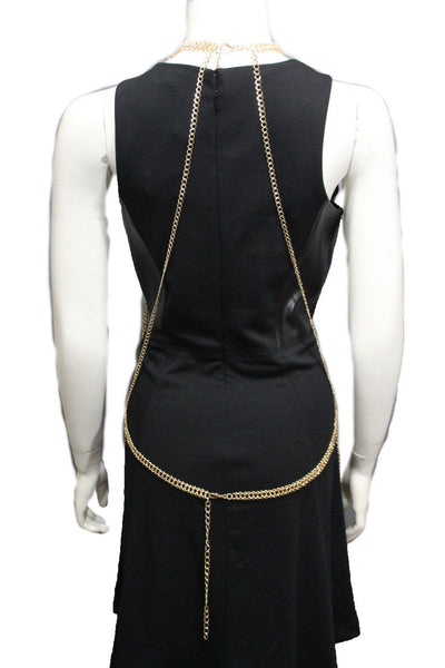 Gold Metal Full Body Chains Multi Imitation Pearl Beads Harness Dress Extra Long Necklace Accessories