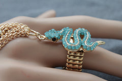 Gold Metal Hand Chain Bracelet Multi Rhinestone Turquoise Snake