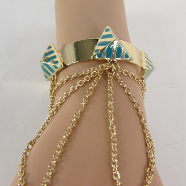 Gold Metal Hand Chain Bracelet Cuff Slave Chain Adjustable Ring Blue Turquoise Blue White Orange Pyramid New Women Fashion Style Accessories