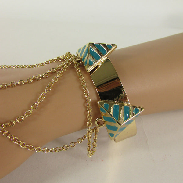 Gold Metal Hand Chain Bracelet Cuff Slave Chain Adjustable Ring Blue Turquoise Blue White Orange Pyramid New Women Fashion Style Accessories