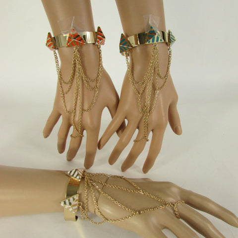 Gold Metal Hand Chain Bracelet Cuff Slave Chain Adjustable Ring Blue Turquoise Blue White Orange Pyramid New Women Fashion Style Accessories