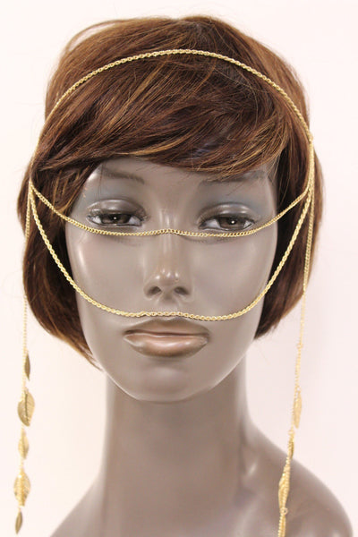 Gold Metal Head Chain Front Forehead Back Face Side Tassle Leaves Strand Women Accessories