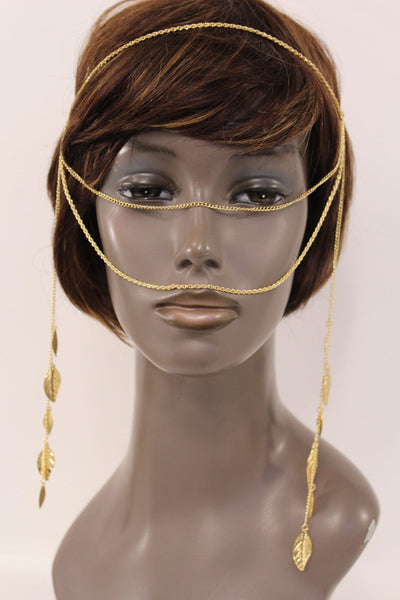 Gold Metal Head Chain Front Forehead Back Face Side Tassle Leaves Strand Women Accessories