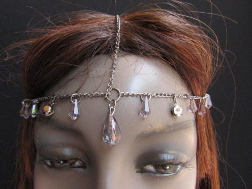Gold Metal Head Chain Multi Fringes Clear Brown Beads Hair Piece Women Wedding Party Beach Accessories