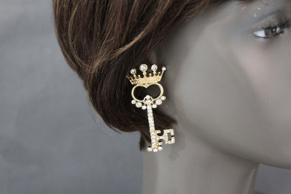 Gold Metal Key Queen Crown King Silver Beads Charm Earrings Set New Women Fashion Accessories