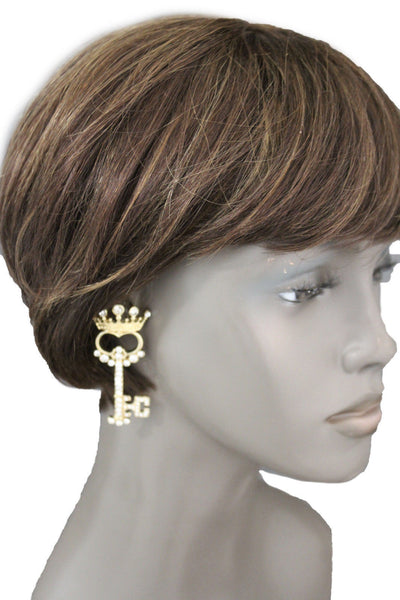 Gold Metal Key Queen Crown King Silver Beads Charm Earrings Set New Women Fashion Accessories