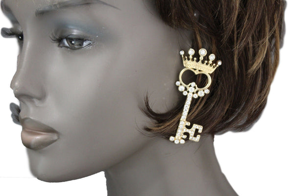 Gold Metal Key Queen Crown King Silver Beads Charm Earrings Set New Women Fashion Accessories
