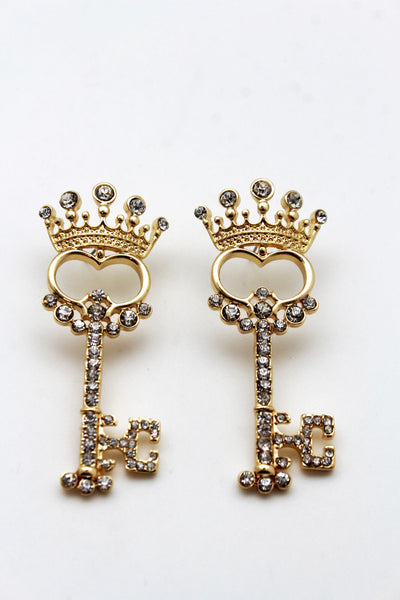 Gold Metal Key Queen Crown King Silver Beads Charm Earrings Set New Women Fashion Accessories