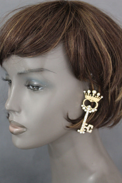 Gold Metal Key Queen Crown King Silver Beads Charm Earrings Set New Women Fashion Accessories