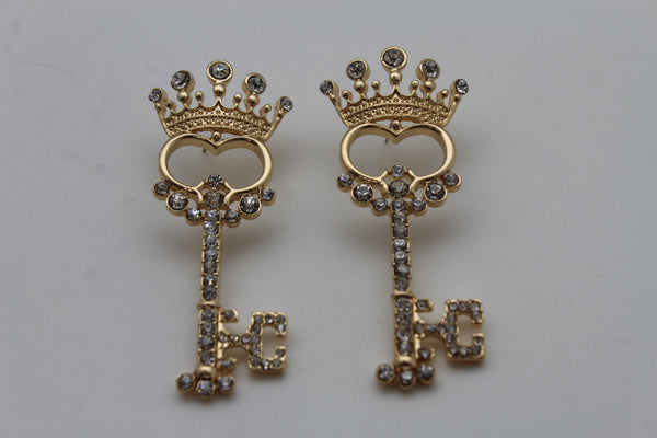 Gold Metal Key Queen Crown King Silver Beads Charm Earrings Set New Women Fashion Accessories