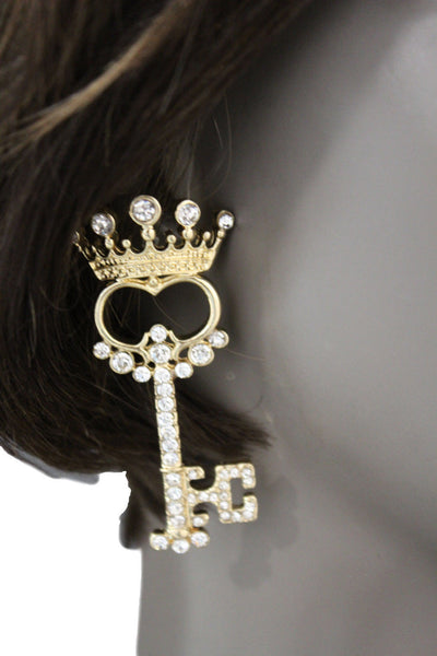 Gold Metal Key Queen Crown King Silver Beads Charm Earrings Set New Women Fashion Accessories