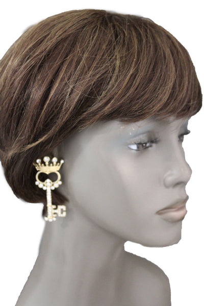 Gold Metal Key Queen Crown King Silver Beads Charm Earrings Set New Women Fashion Accessories