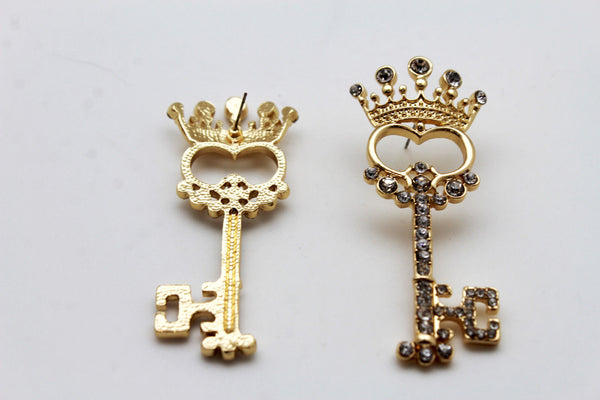Gold Metal Key Queen Crown King Silver Beads Charm Earrings Set New Women Fashion Accessories