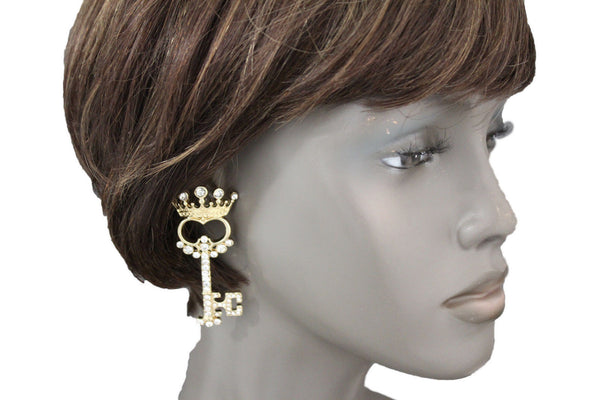 Gold Metal Key Queen Crown King Silver Beads Charm Earrings Set New Women Fashion Accessories