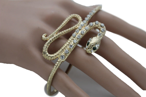 Gold Long Rhinestones Snake One Size Knuckle 4 Fingers Ring Women Jewelry Accessories