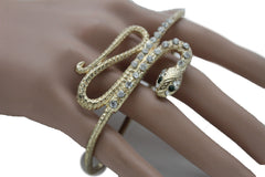 Gold Long Rhinestones Snake One Size Knuckle 4 Fingers Ring