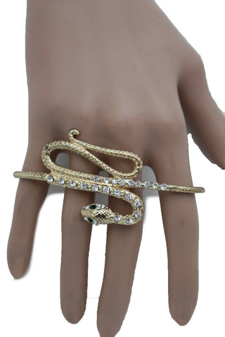 Gold Long Rhinestones Snake One Size Knuckle 4 Fingers Ring Women Jewelry Accessories