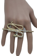 Gold Long Rhinestones Snake One Size Knuckle 4 Fingers Ring