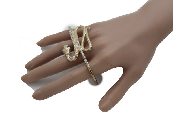 Gold Long Rhinestones Snake One Size Knuckle 4 Fingers Ring Women Jewelry Accessories