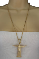 Gold Metal Long Thin Chain Large Cross Jesus Christ Redeemer Necklace