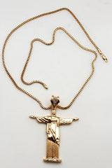 Gold Metal Long Thin Chain Large Cross Jesus Christ Redeemer Necklace