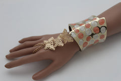Orange & Polka Dot Cuff with Gold Butterfly Hand Chain