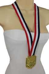 Gold Metal Plate Statue Lady Liberty Long Fabric USA Flag Necklace Hip Hop Style
