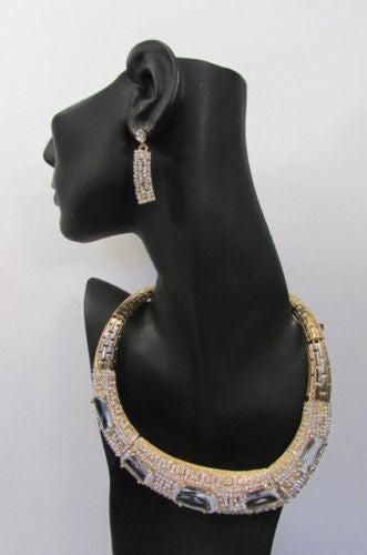 Gold Metal Short Choker Necklace Big Multi Rhinestones Earring Set New Women Fashion Accessories