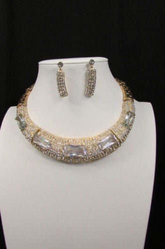 Gold Metal Short Choker Necklace Big Multi Rhinestones Earring Set New Women Fashion Accessories