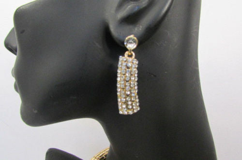 Gold Metal Short Choker Necklace Big Multi Rhinestones Earring Set New Women Fashion Accessories