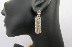 Gold Metal Short Choker Necklace Big Multi Rhinestones Earring Set