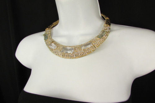 Gold Metal Short Choker Necklace Big Multi Rhinestones Earring Set New Women Fashion Accessories