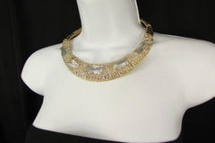 Gold Metal Short Choker Necklace Big Multi Rhinestones Earring Set