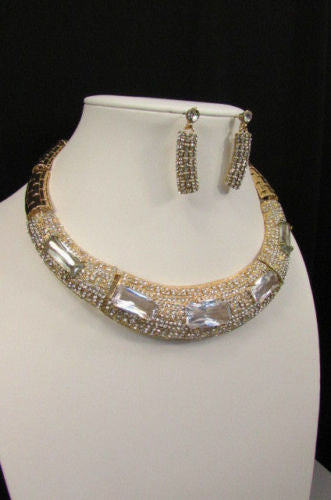 Gold Metal Short Choker Necklace Big Multi Rhinestones Earring Set New Women Fashion Accessories