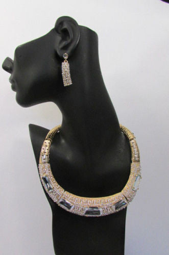 Gold Metal Short Choker Necklace Big Multi Rhinestones Earring Set New Women Fashion Accessories